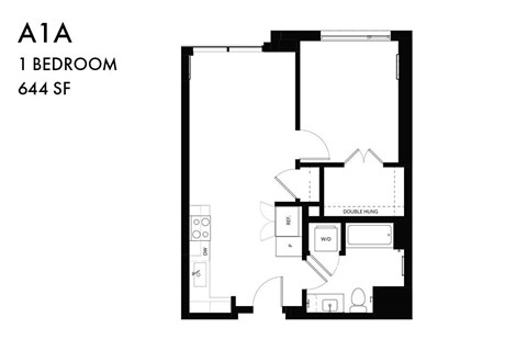 Floor plan for 1 bed, 1 bath, 653 sqft